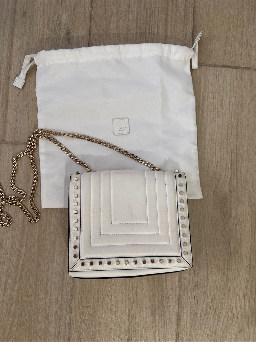 Luana White Quilted Crossbody with Gold Chain and Stud Detailing
